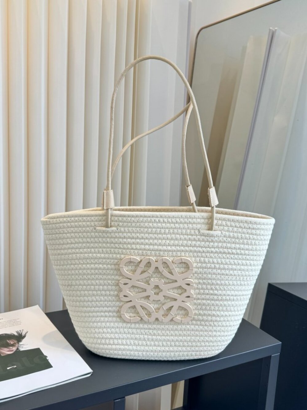 Off White Loewe Anagram Cutout Logo Woven Market Tote Large Capacity Beach